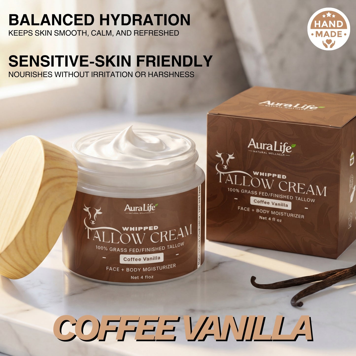 AuraLife Whipped Tallow Skin Care Moisturizer - 100% Grass-Fed Organic Face & Body Lotion 4 oz.