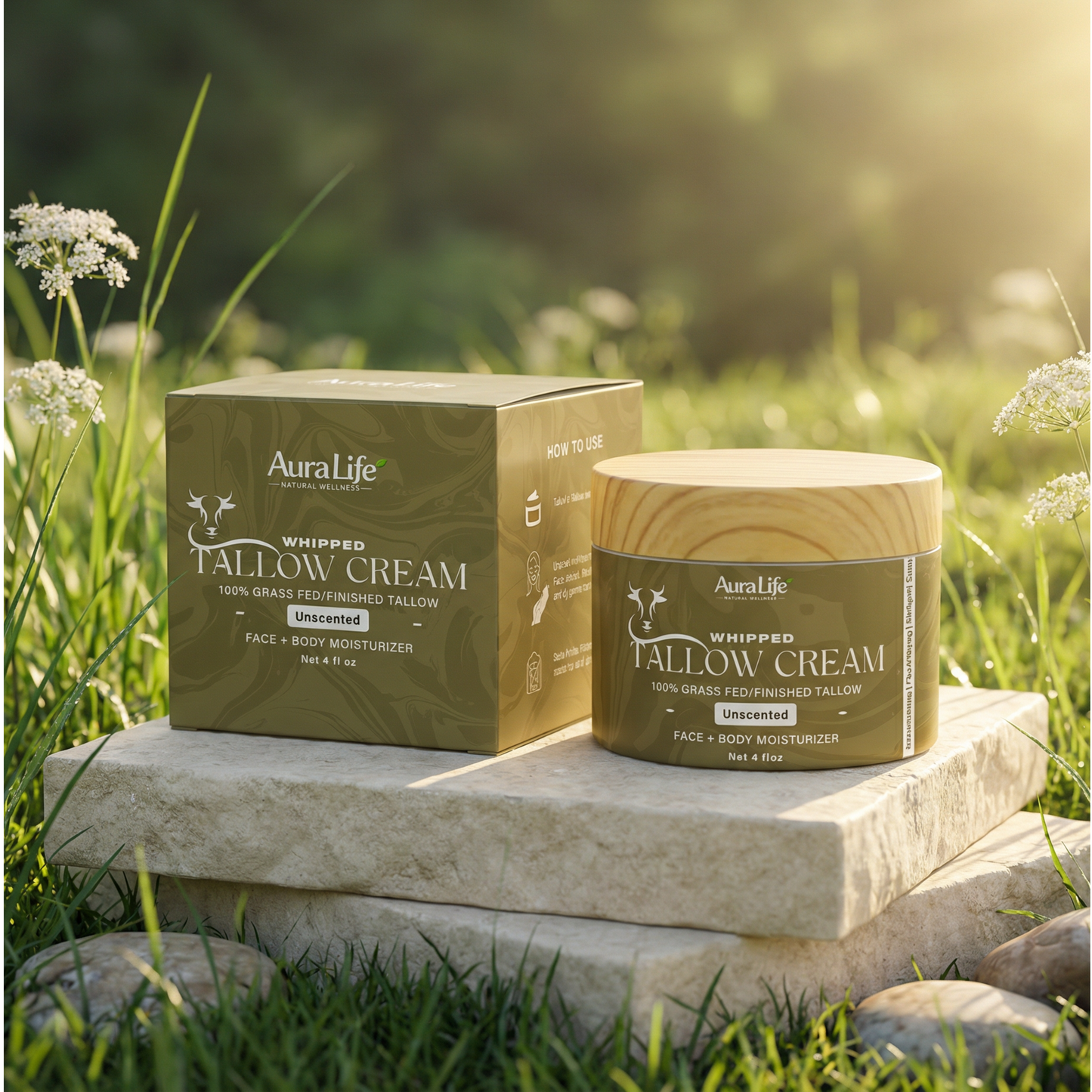 AuraLife Whipped Tallow Skin Care Moisturizer - 100% Grass-Fed Organic Face & Body Lotion 4 oz.