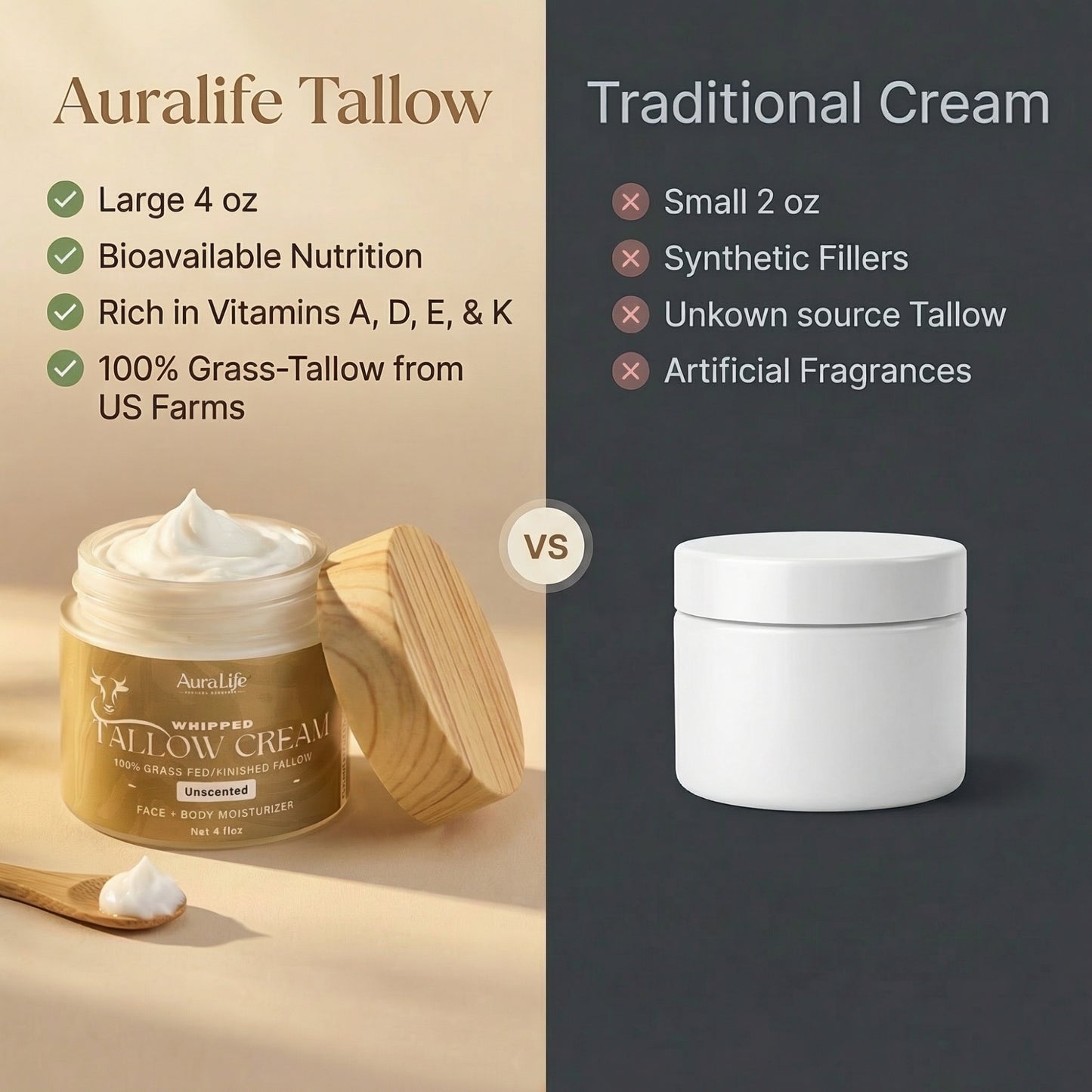 AuraLife Whipped Tallow Skin Care Moisturizer - 100% Grass-Fed Organic Face & Body Lotion 4 oz.