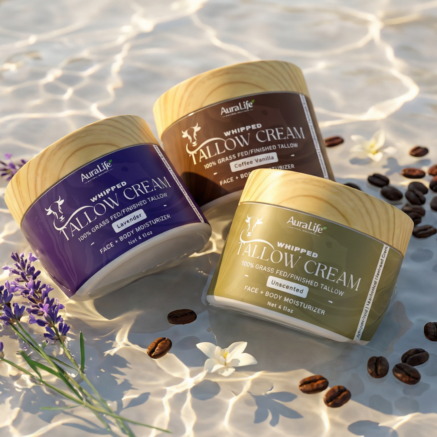 AuraLife Whipped Tallow Skin Care Moisturizer - 100% Grass-Fed Organic Face & Body Lotion 4 oz.