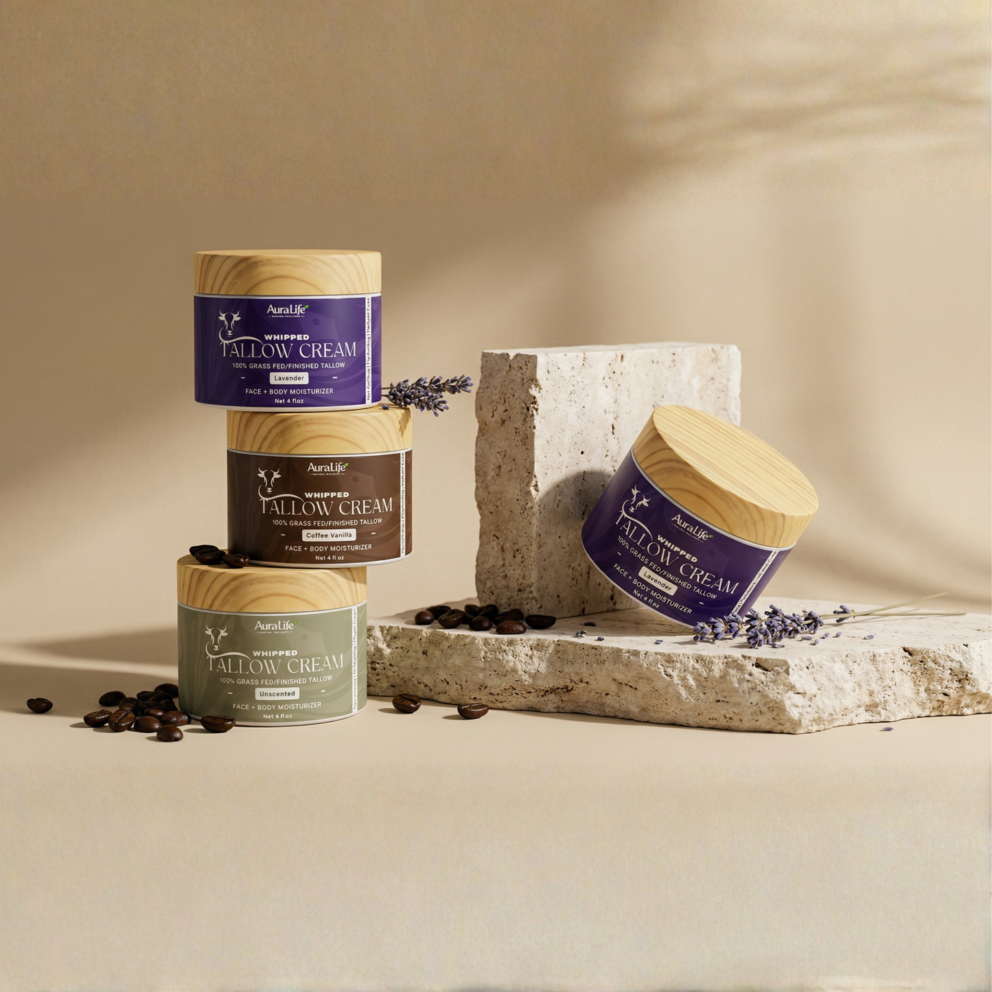 AuraLife Whipped Tallow Skin Care Moisturizer - 100% Grass-Fed Organic Face & Body Lotion 4 oz.