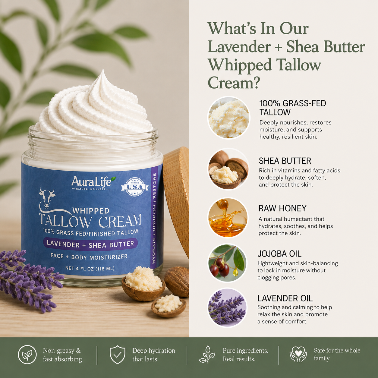AuraLife Whipped Tallow Cream - Lavender & Shea Butter