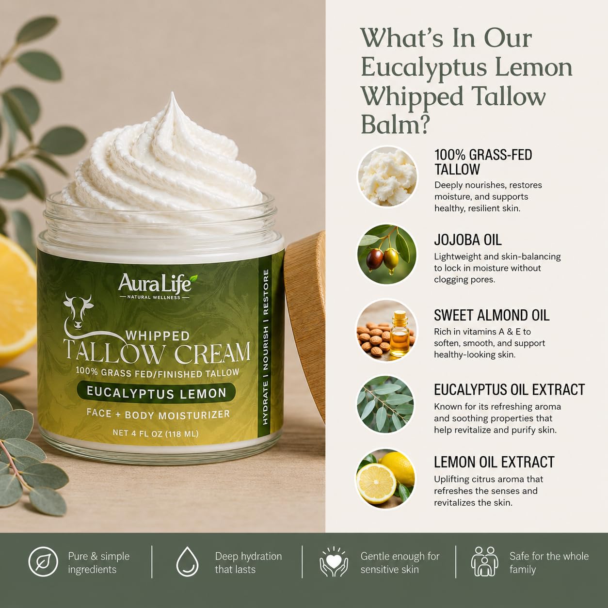 AuraLife Whipped Tallow Cream - Eucalyptus Lemon