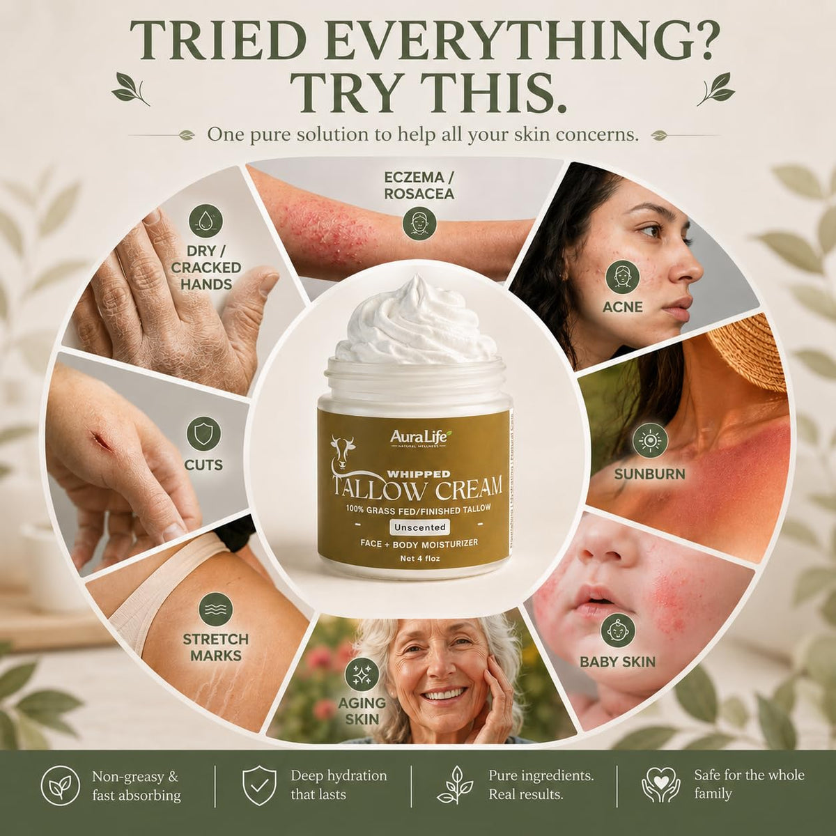 AuraLife Whipped Tallow Skin Care Moisturizer - 100% Grass-Fed Organic Face & Body Lotion 4 oz.