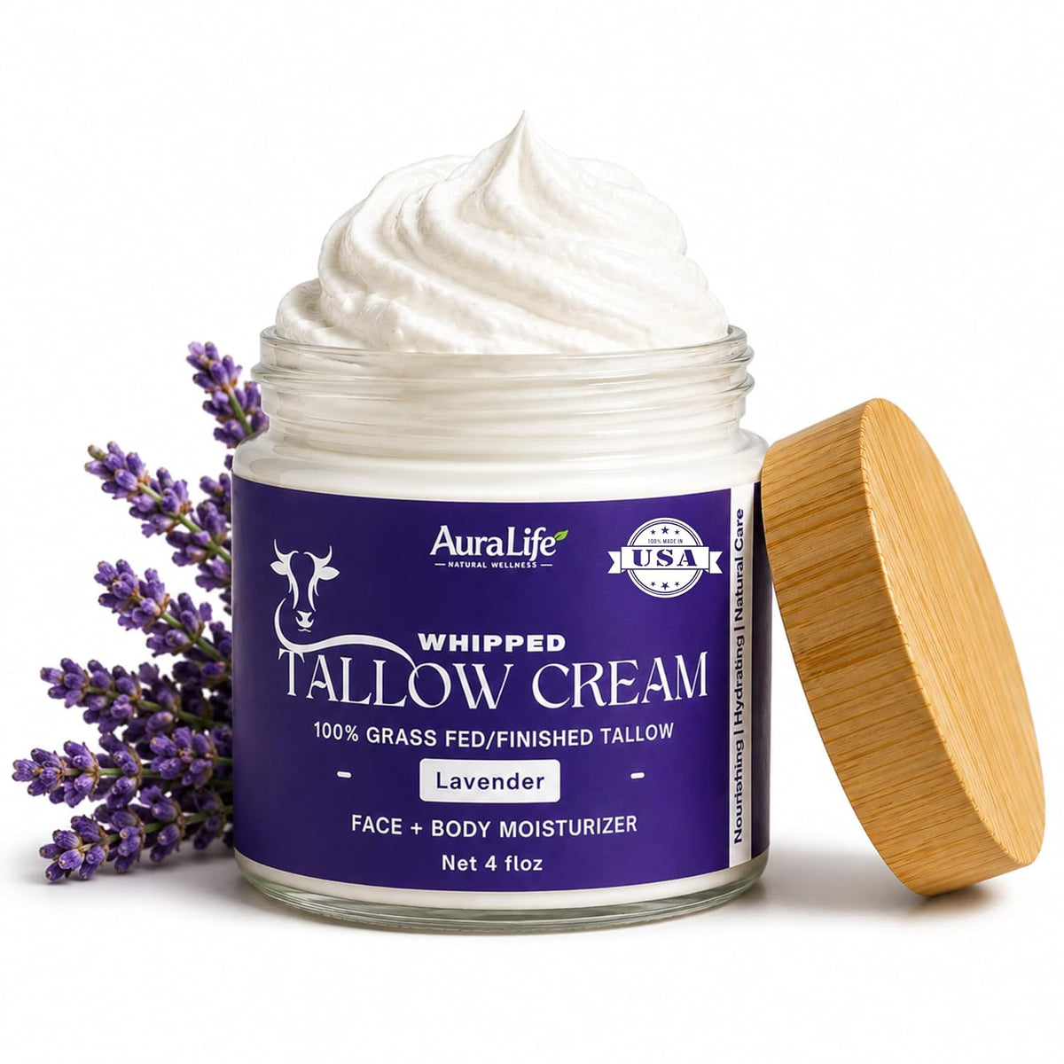 AuraLife Whipped Tallow Skin Care Moisturizer - 100% Grass-Fed Organic Face & Body Lotion 4 oz.
