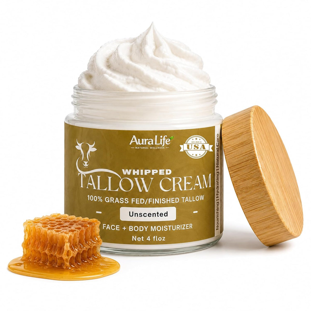 AuraLife Whipped Tallow Skin Care Moisturizer - 100% Grass-Fed Organic Face & Body Lotion 4 oz.
