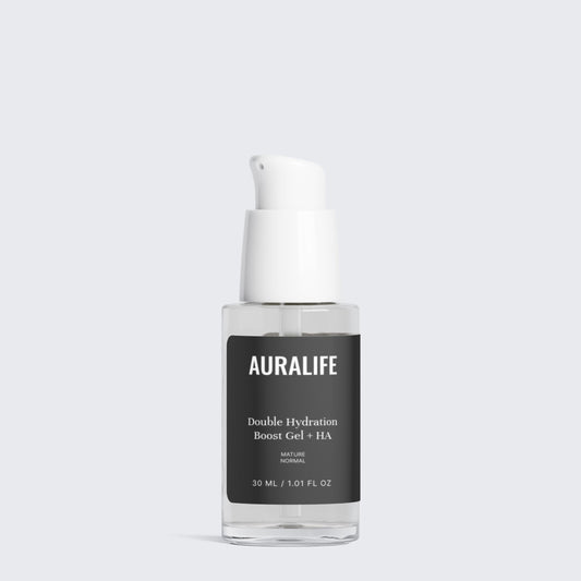 Auralife skincare bottle on a light gray background