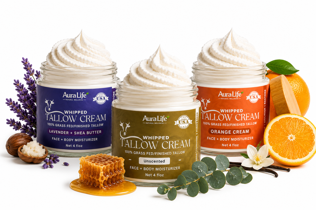 AuraLife Whipped Tallow Skin Care Moisturizer - 100% Grass-Fed Organic Face & Body Lotion 4 oz.