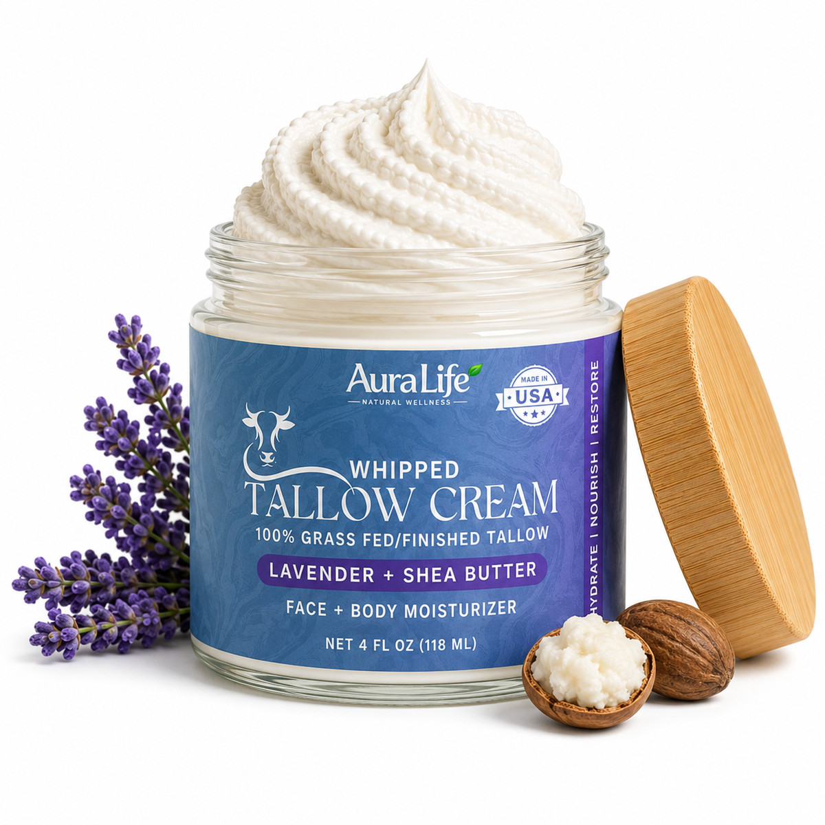 AuraLife Whipped Tallow Skin Care Moisturizer - 100% Grass-Fed Organic Face & Body Lotion 4 oz.