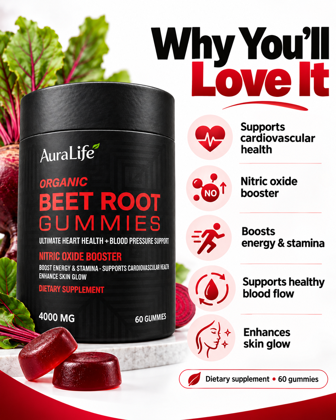 AuraLife Organic Beet Root Gummies – 4000 mg | 60 Gummies
