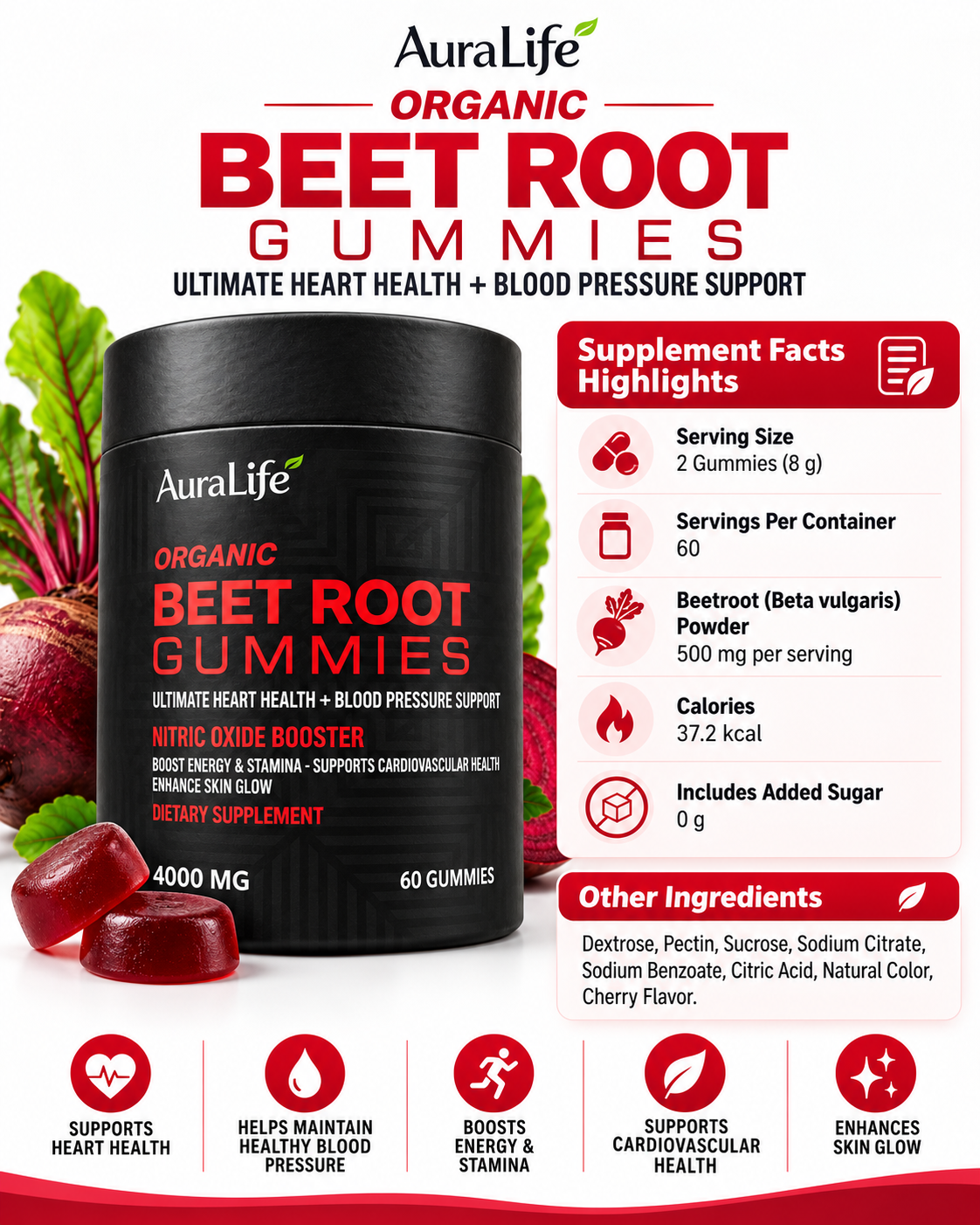 AuraLife Organic Beet Root Gummies – 4000 mg | 60 Gummies