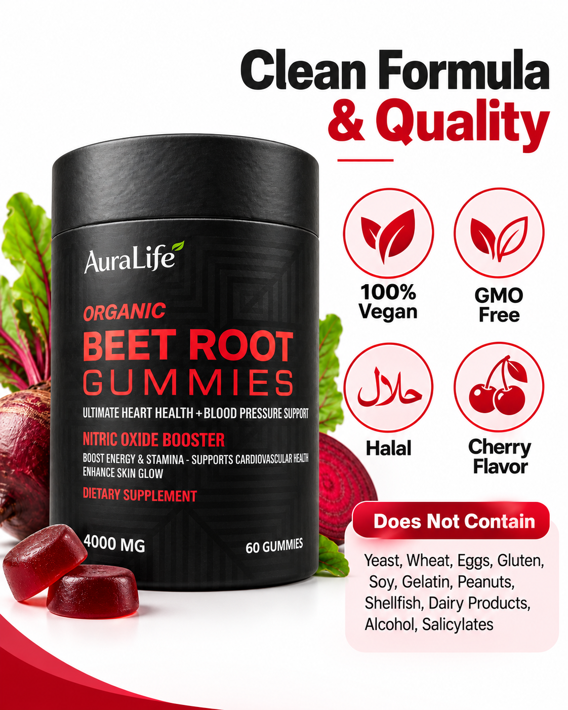 AuraLife Organic Beet Root Gummies – 4000 mg | 60 Gummies