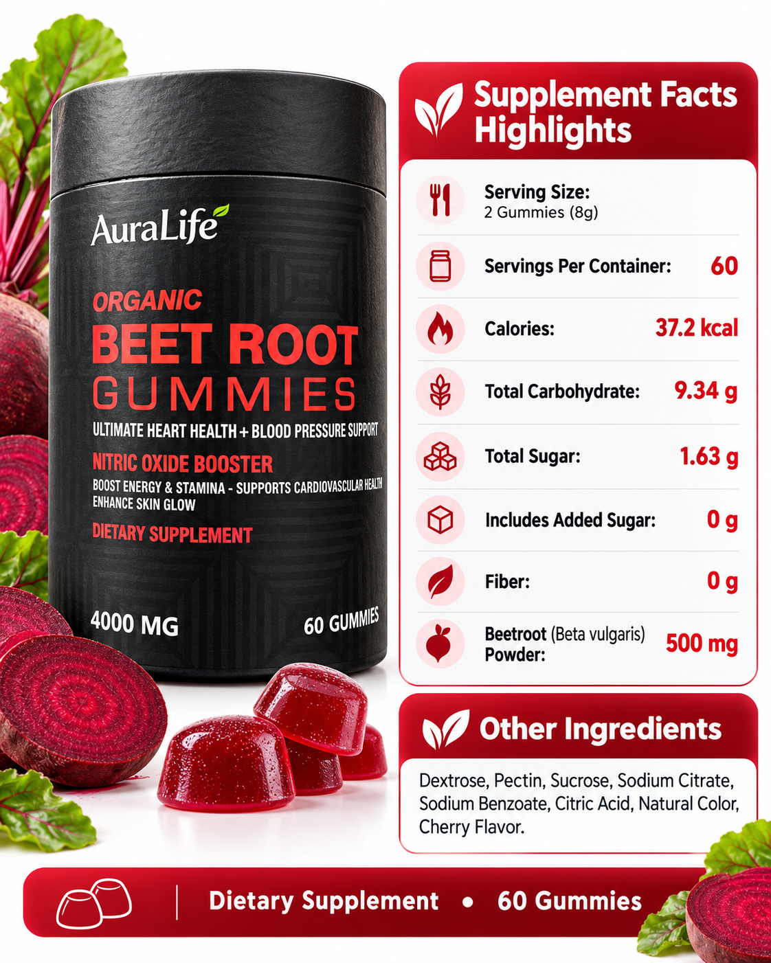 AuraLife Organic Beet Root Gummies – 4000 mg | 60 Gummies