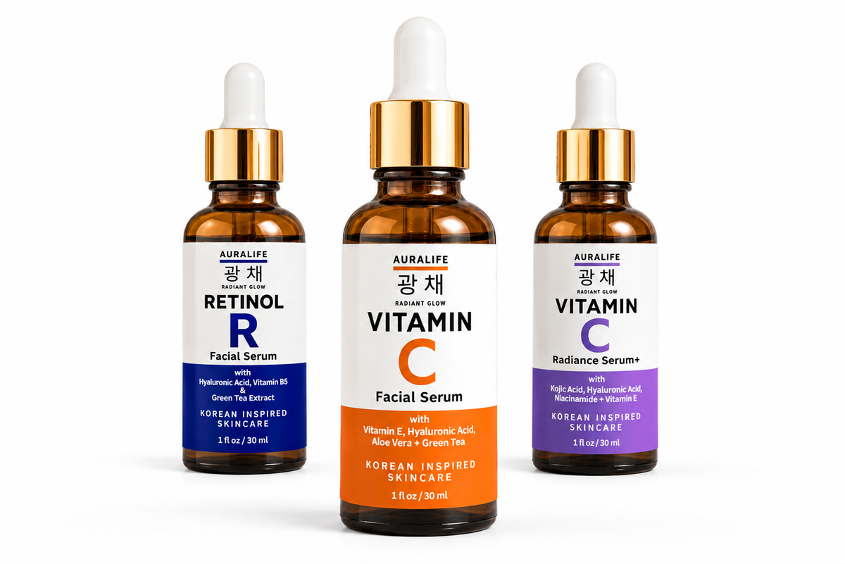 Aura Life Facial Serum Collection – Vitamin C, Radiance & Retinol Serums