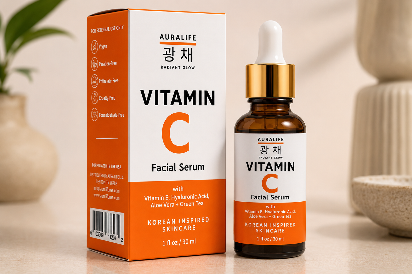 AuraLife Vitamin C Face Serum with Hyaluronic Acid, Vitamin E & Aloe Vera – Brightening Serum for Dark Spots