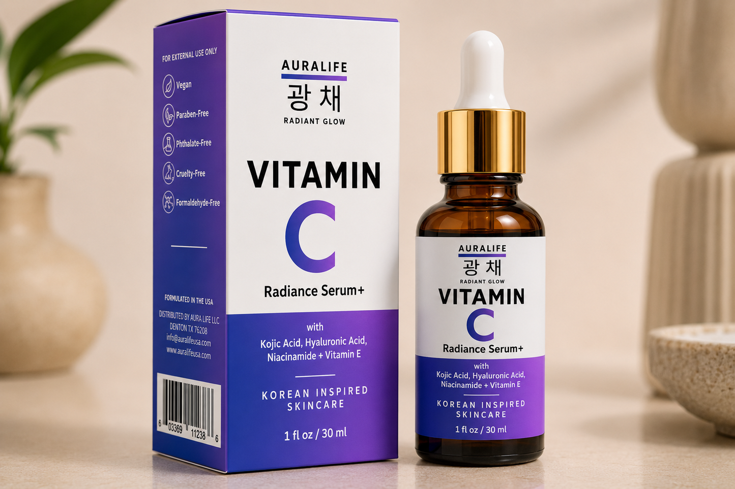 AuraLife Vitamin C Face Serum with Hyaluronic Acid, Vitamin E & Aloe Vera – Brightening Serum for Dark Spots
