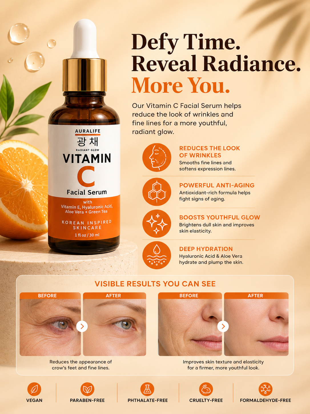Aura Life Vitamin C Facial Serum+ with Kojic Acid, Niacinamide, Hyaluronic Acid & Vitamin E
