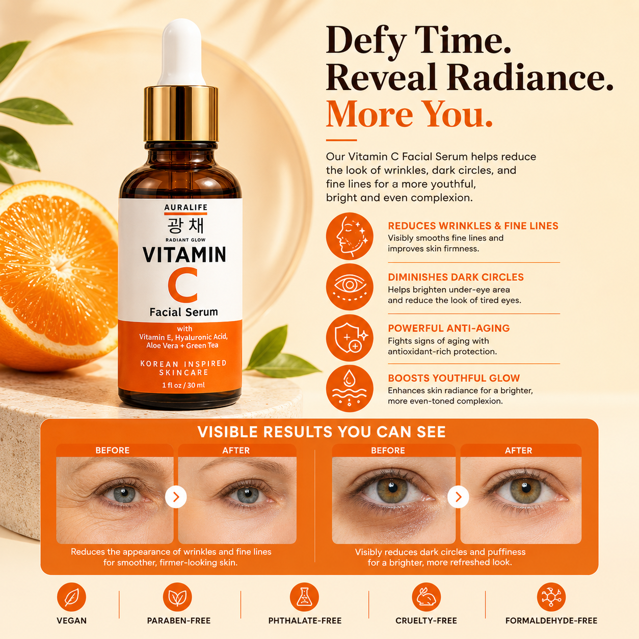 Aura Life Vitamin C Facial Serum+ with Kojic Acid, Niacinamide, Hyaluronic Acid & Vitamin E