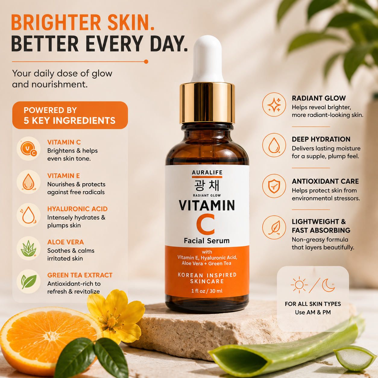 AuraLife Vitamin C Face Serum with Hyaluronic Acid, Vitamin E & Aloe Vera – Brightening Serum for Dark Spots
