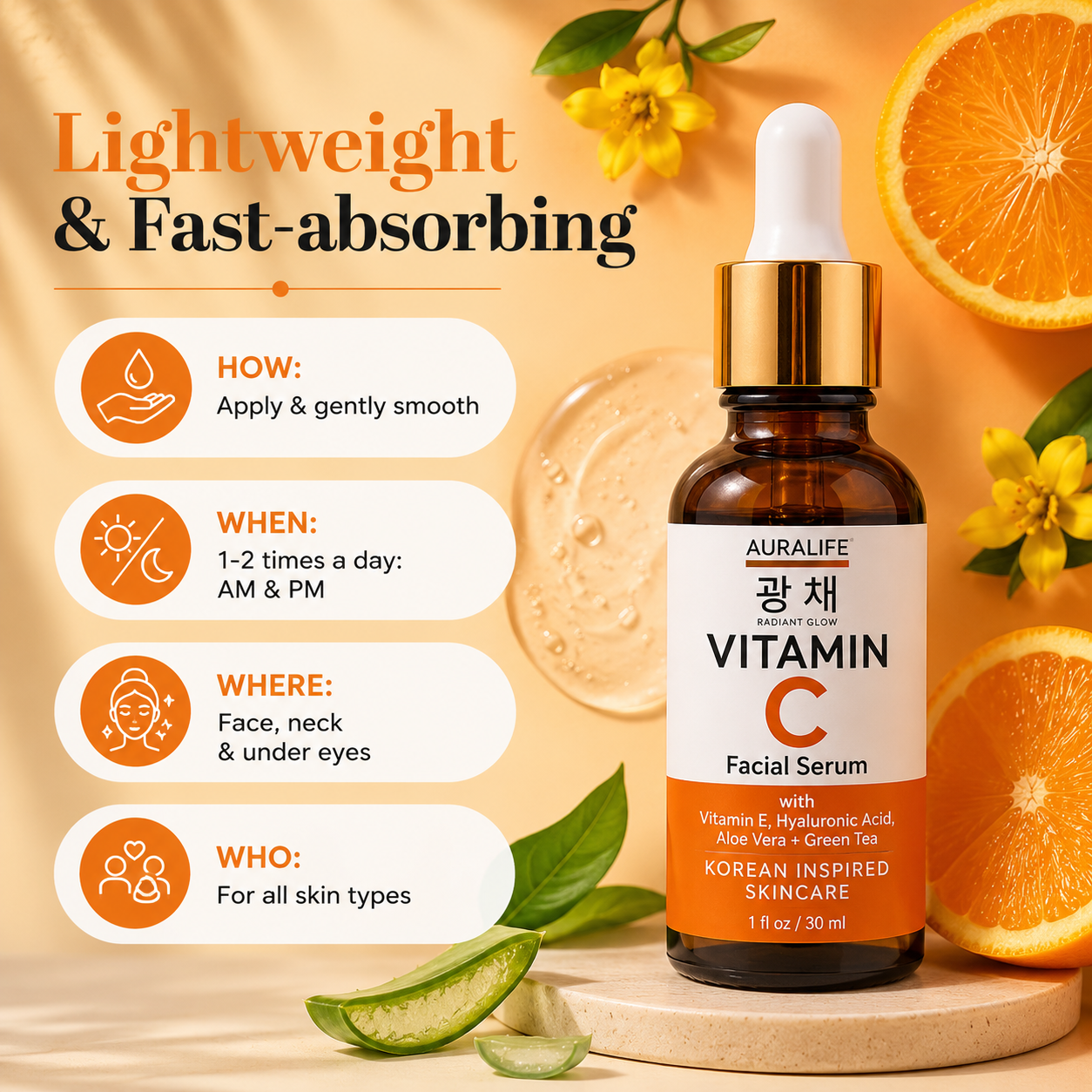 Aura Life Vitamin C Facial Serum+ with Kojic Acid, Niacinamide, Hyaluronic Acid & Vitamin E