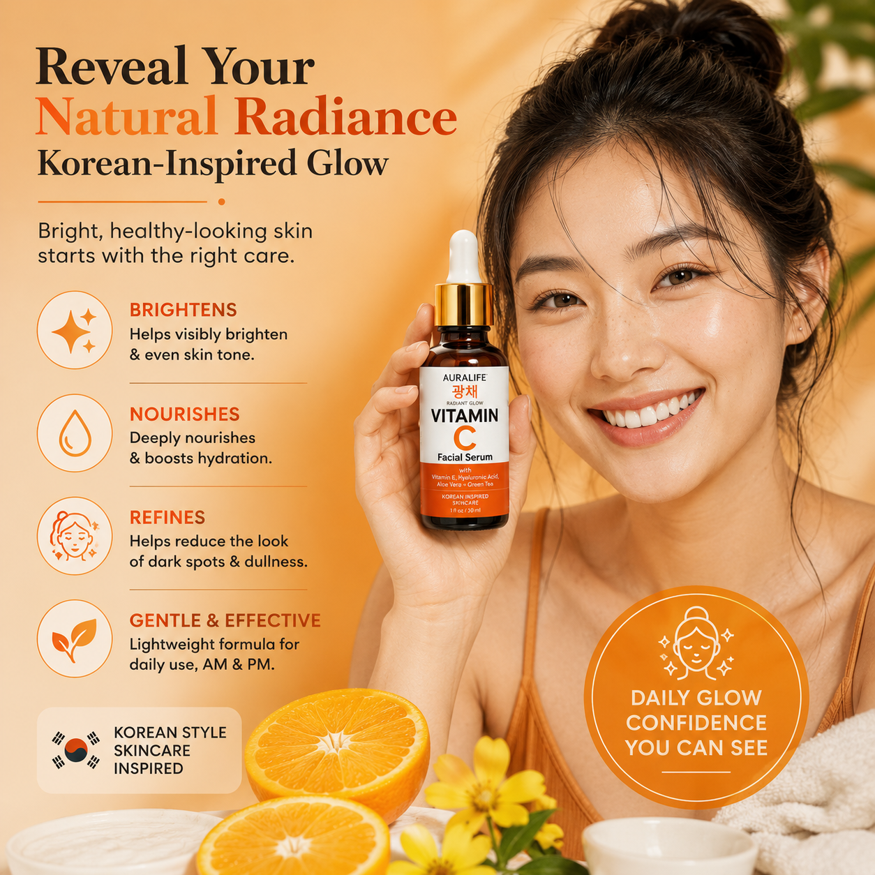 AuraLife Vitamin C Face Serum with Hyaluronic Acid, Vitamin E & Aloe Vera – Brightening Serum for Dark Spots