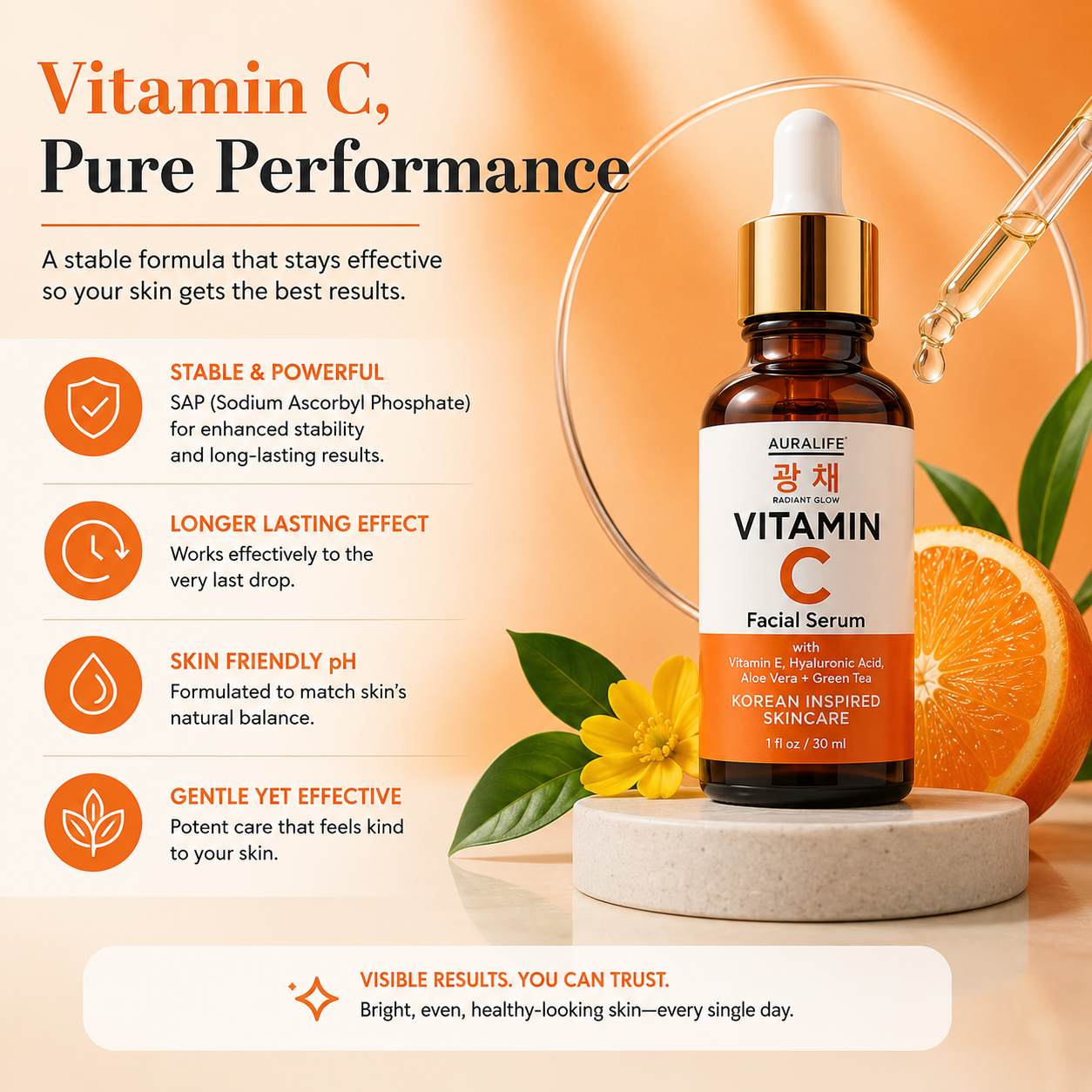 AuraLife Vitamin C Face Serum with Hyaluronic Acid, Vitamin E & Aloe Vera – Brightening Serum for Dark Spots