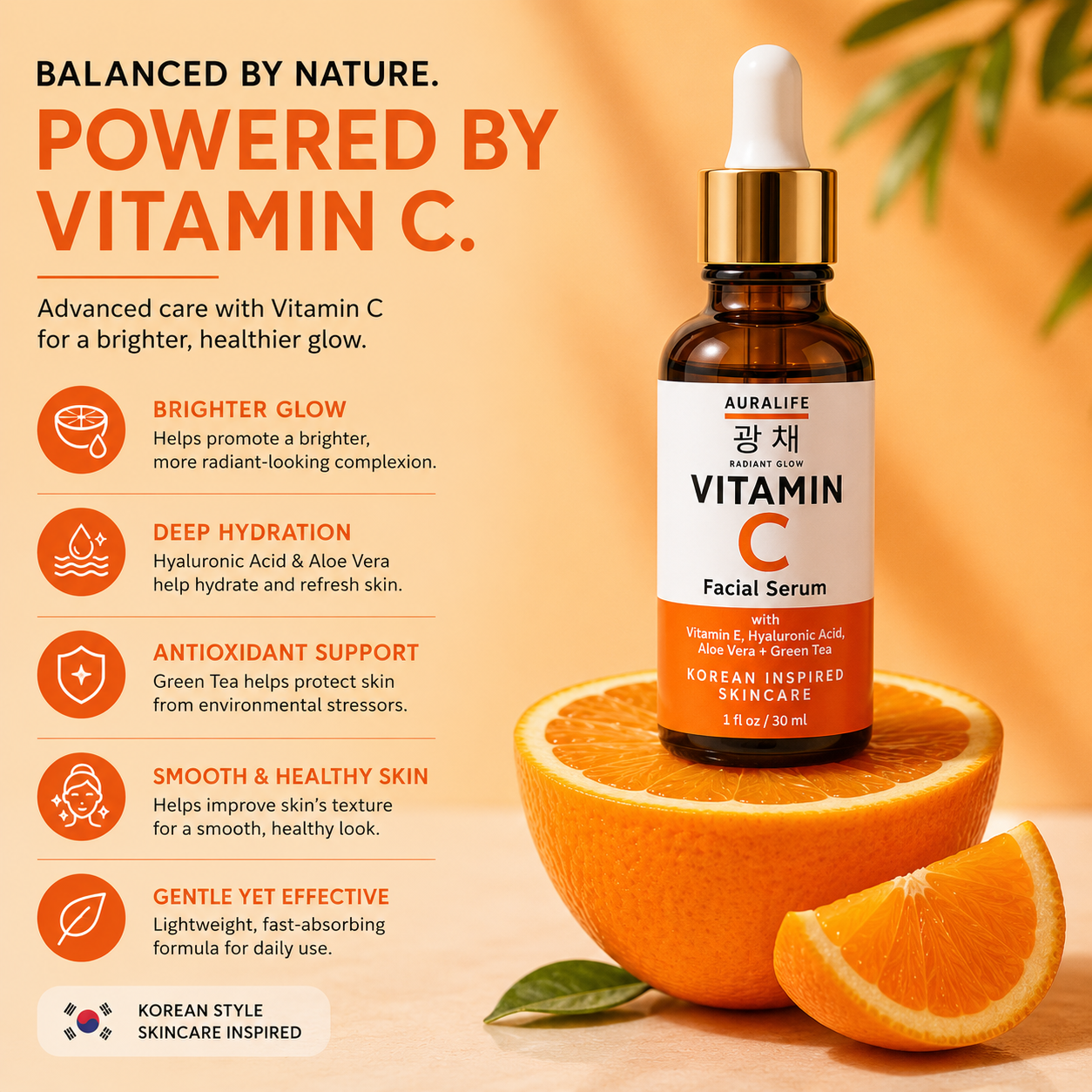 AuraLife Vitamin C Face Serum with Hyaluronic Acid, Vitamin E & Aloe Vera – Brightening Serum for Dark Spots