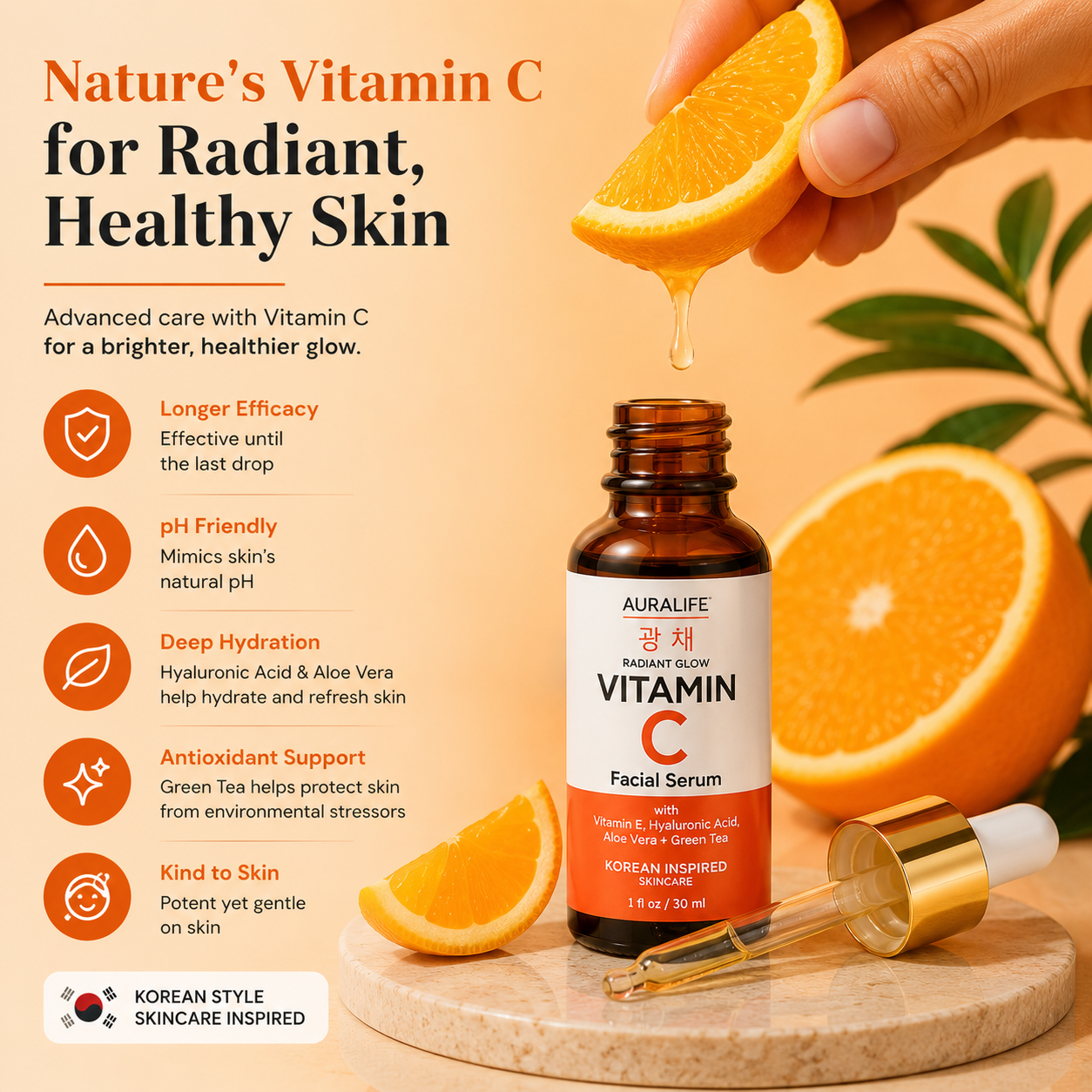 Aura Life Vitamin C Facial Serum+ with Kojic Acid, Niacinamide, Hyaluronic Acid & Vitamin E