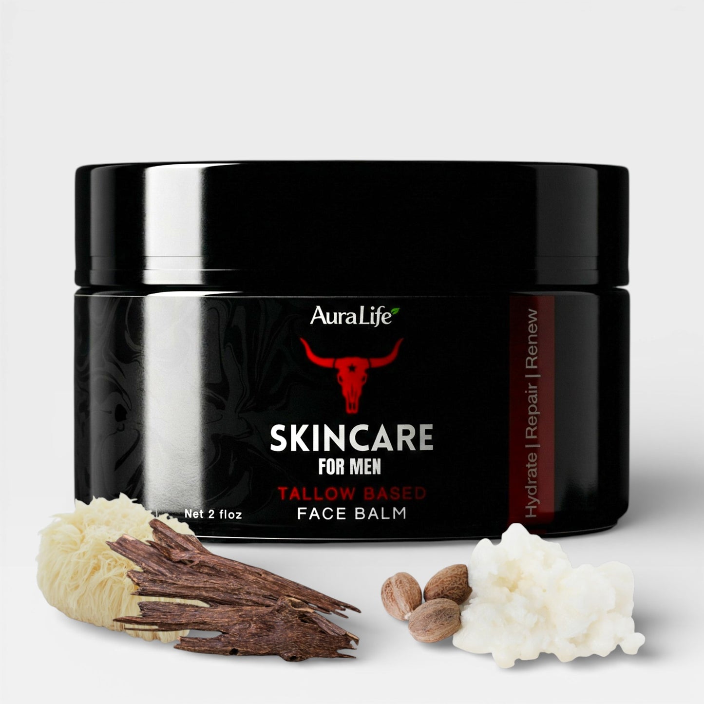 AuraLife skincare for men face balm jar with ingredients on a light gray background
