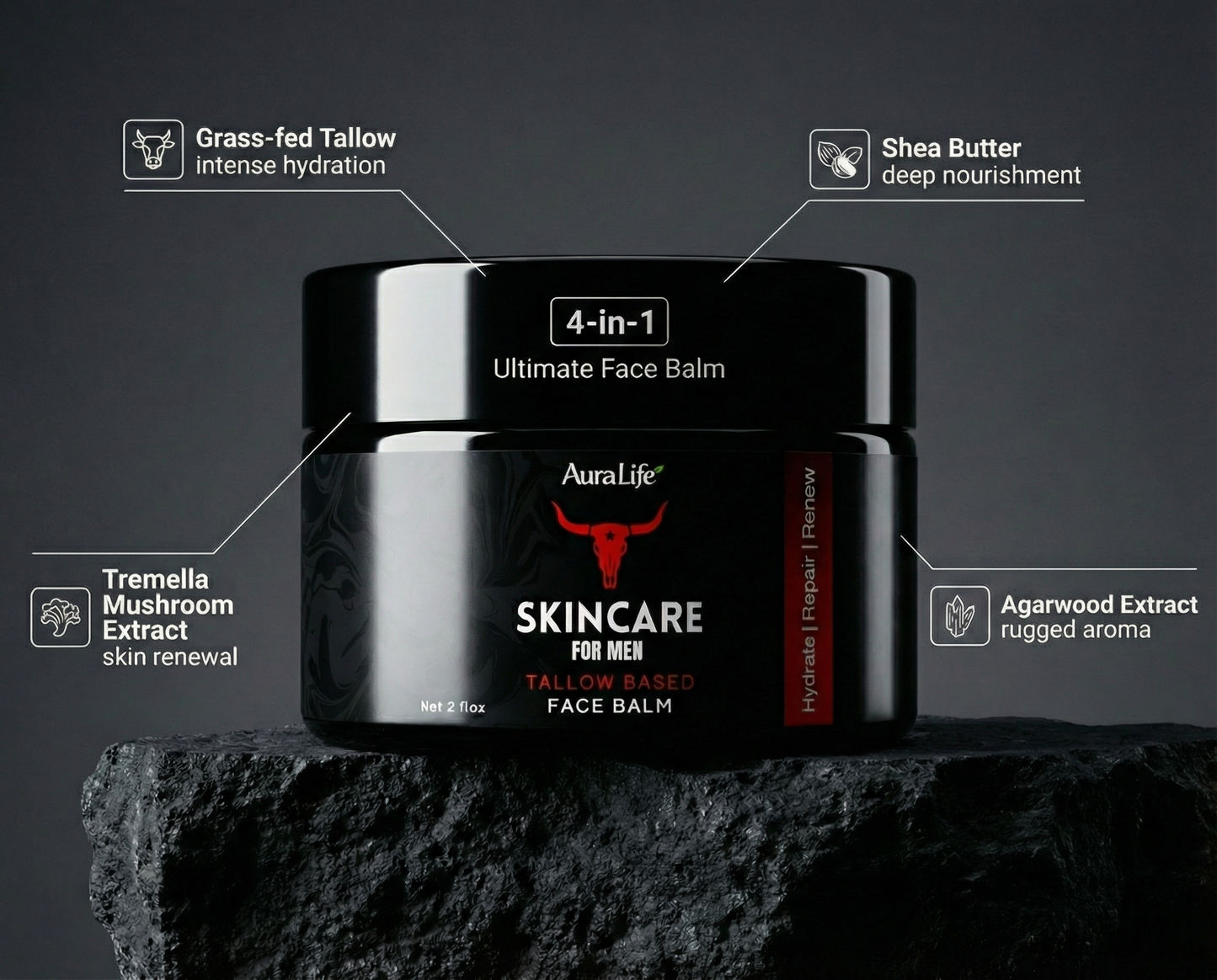 Tallow Face & Body Balm for Men's - Tremella Mushroom + Agarwood