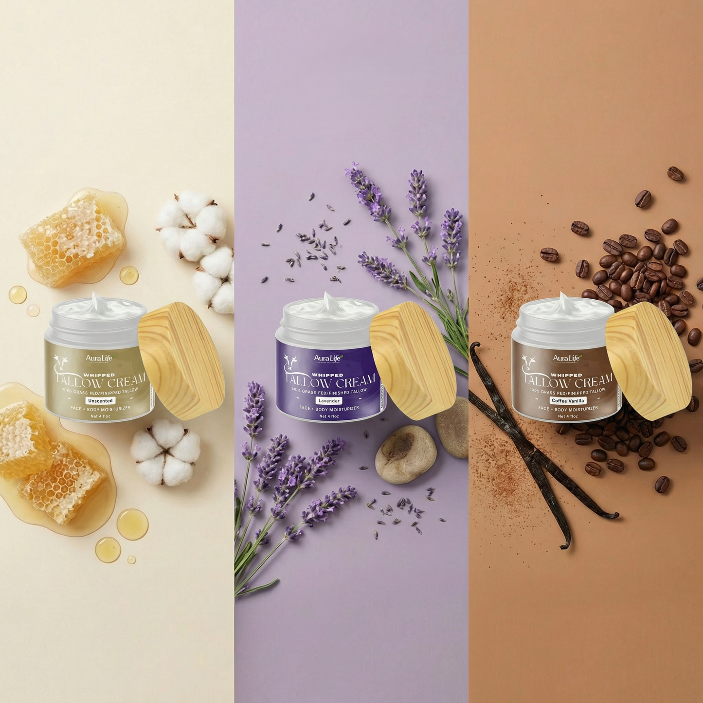 AuraLife Whipped Tallow Skin Care Moisturizer - 100% Grass-Fed Organic Face & Body Lotion 4 oz.