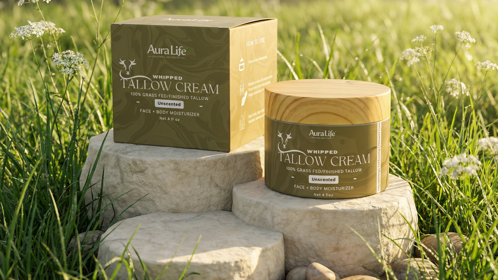 Aura Life Tallow Cream packaging on a natural background with stones and grass.