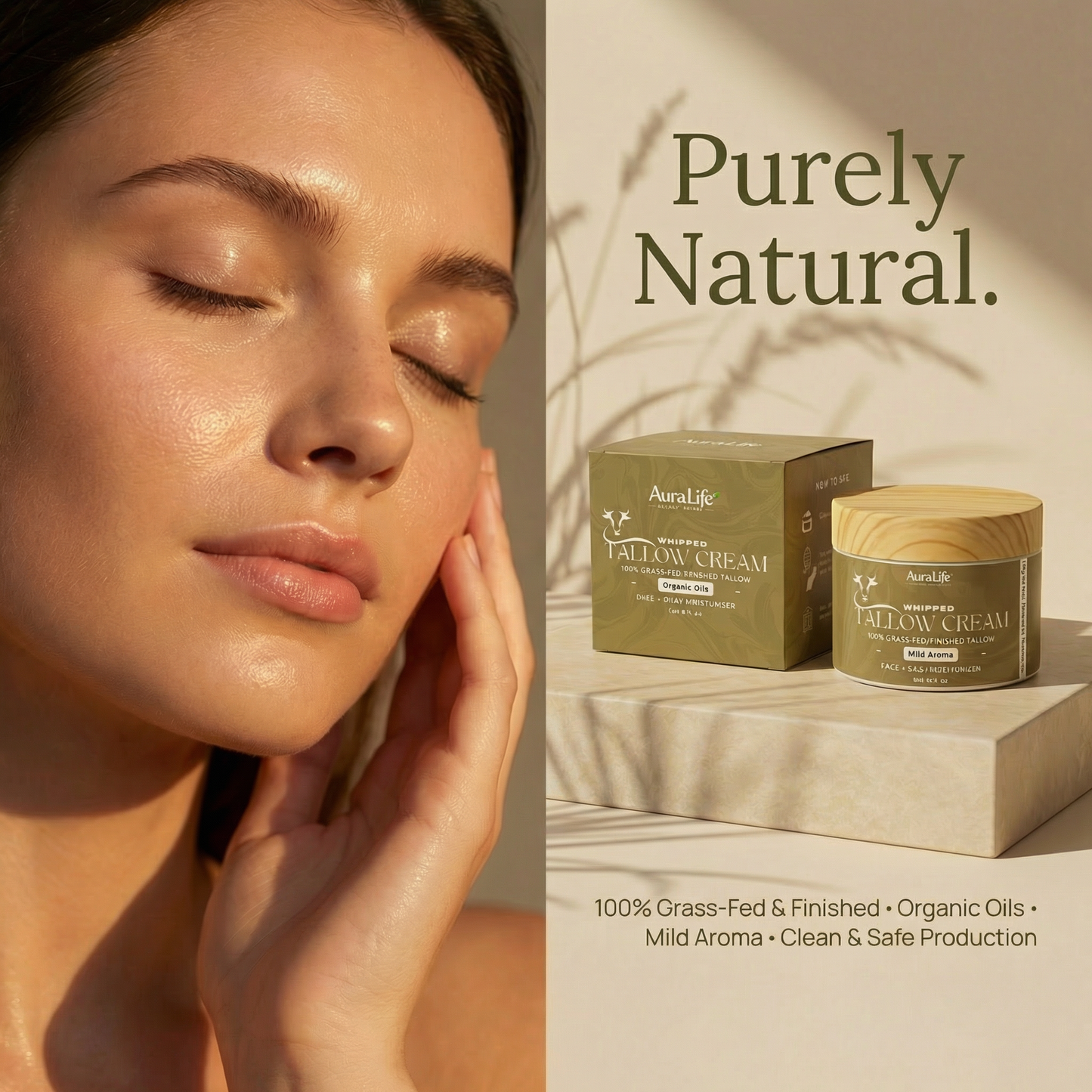 AuraLife Whipped Tallow Skin Care Moisturizer - 100% Grass-Fed Organic Face & Body Lotion 4 oz.