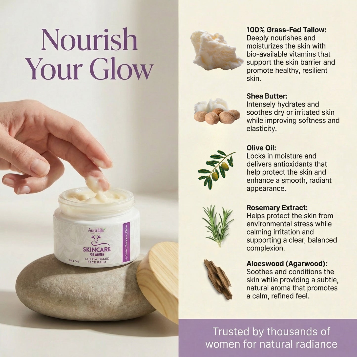 Tallow Face & Body Balm for Women's - Rosemarry + Aloeswood