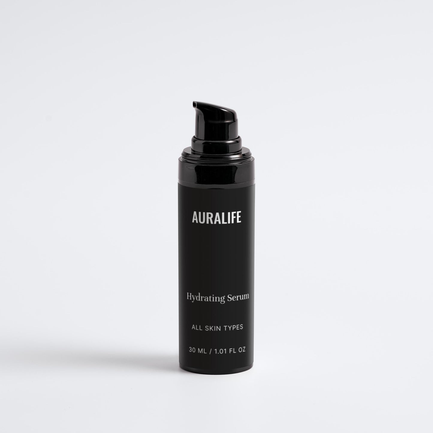 Black Auralife hydrating serum bottle on a white background