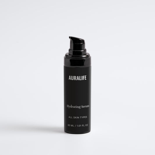 Black Auralife hydrating serum bottle on a white background