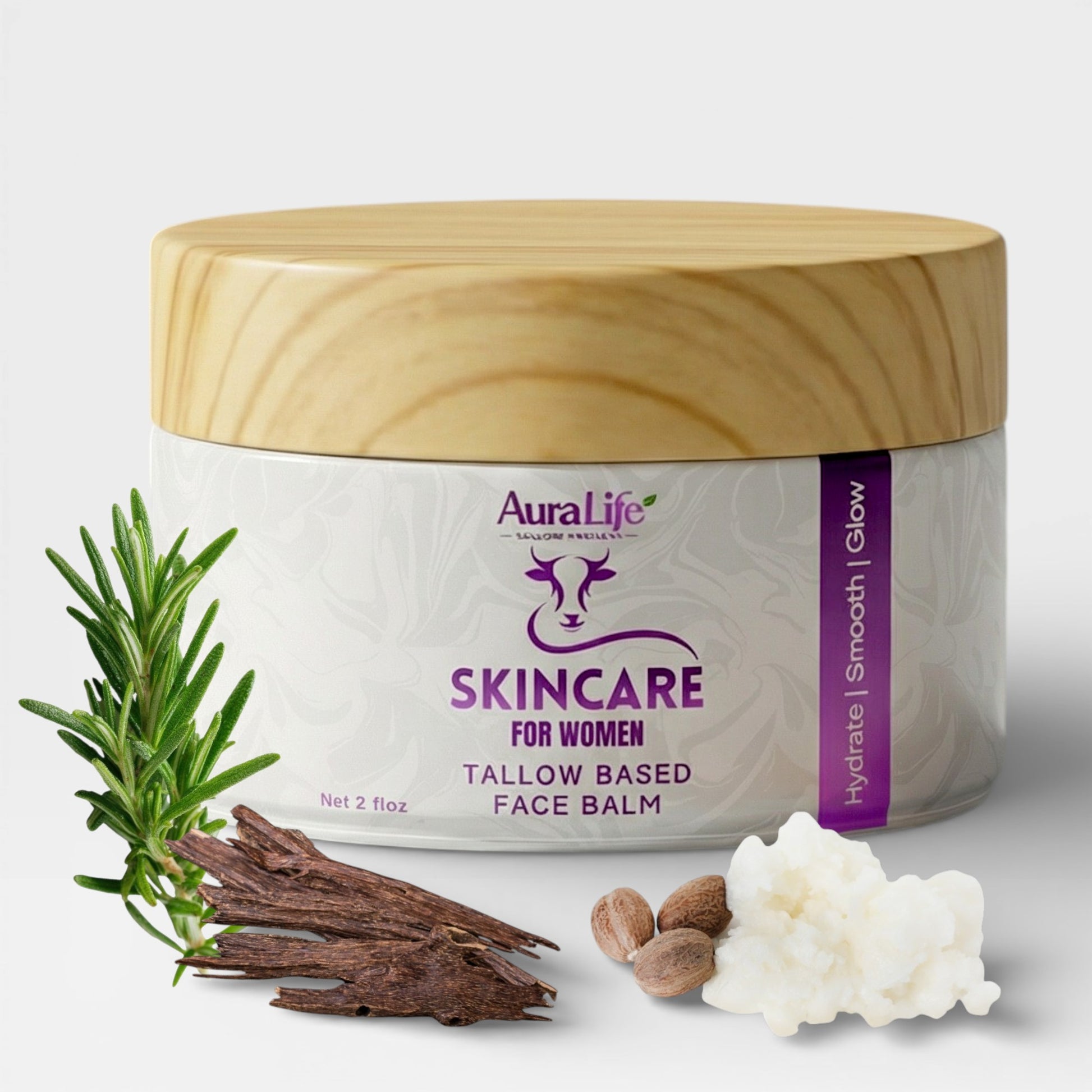 Skincare product jar with wooden lid and natural ingredients on a light background