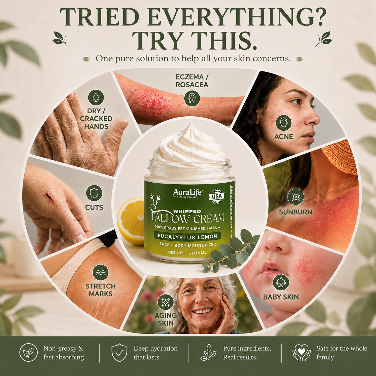 AuraLife Whipped Tallow Cream - Eucalyptus Lemon