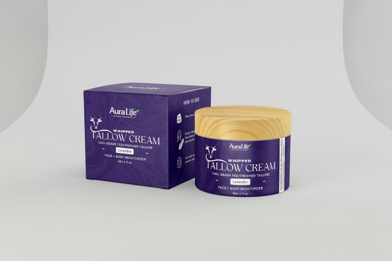 AuraLife whipped tallow cream jar and packaging on a white background