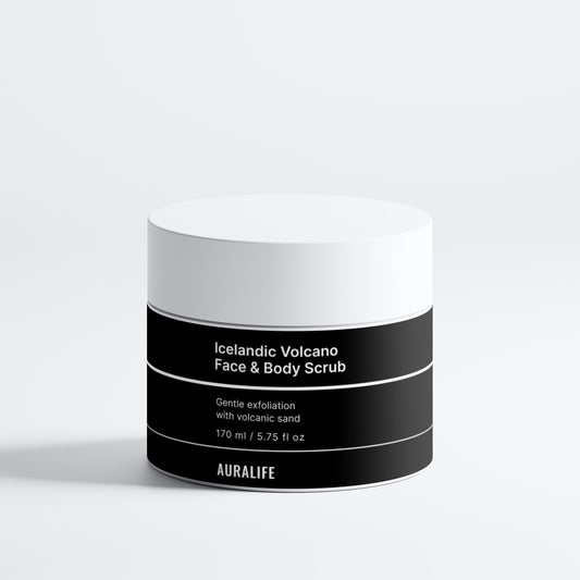 Jar of Icelandic Volcano Face & Body Scrub by Auralife on a white background